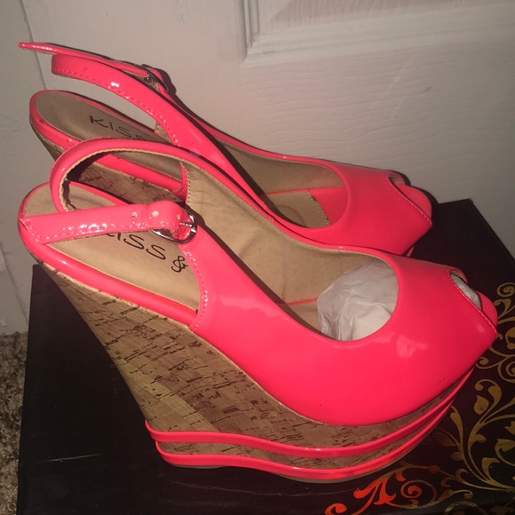 kiss & tell Shoes - Neon coral women wedge pumps